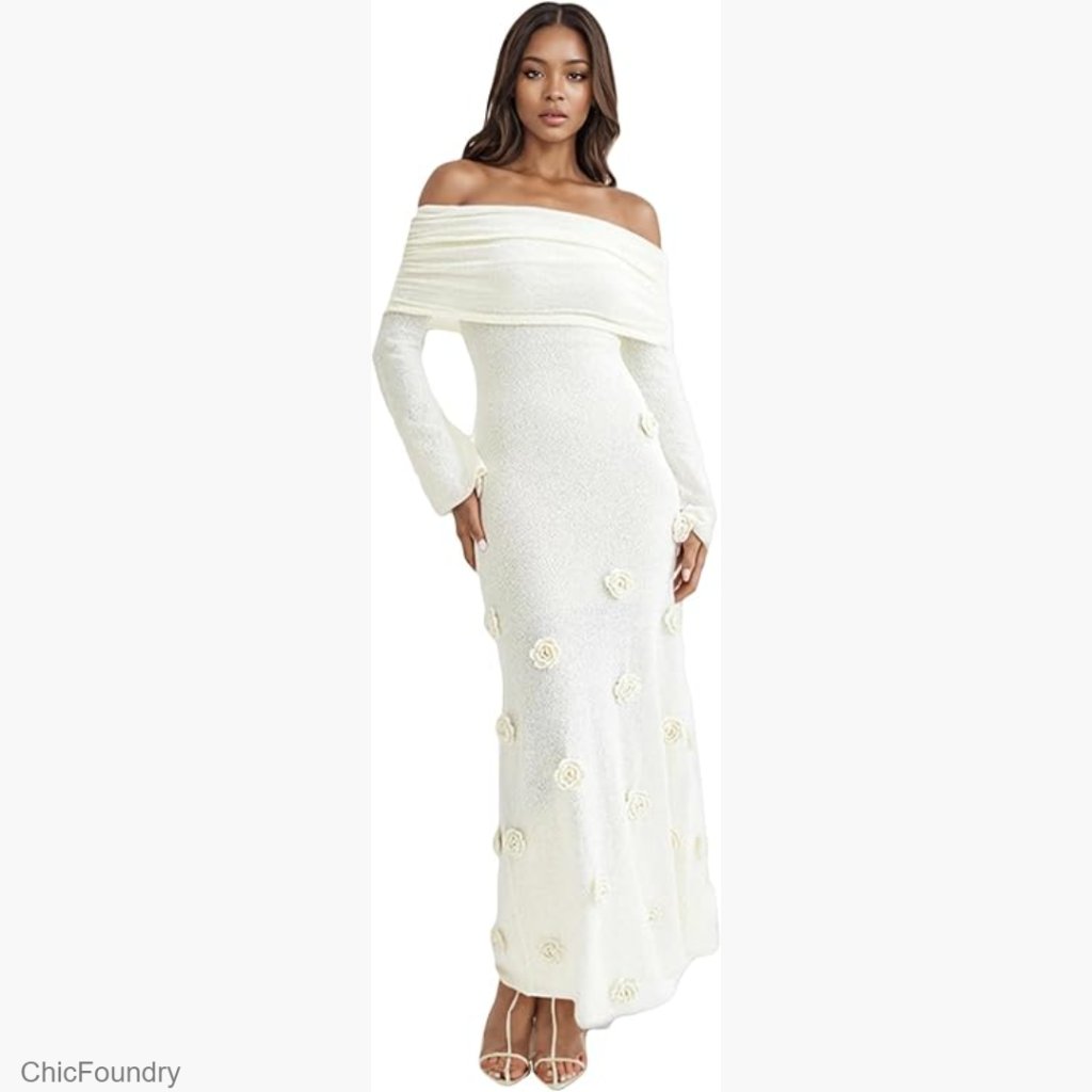 Off Shoulder Bodycon Maxi Dress Long Sleeve Crochet Floral Knit Mesh